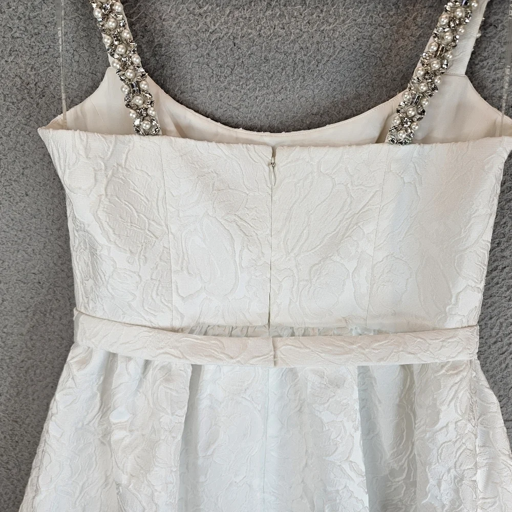 Sachin-Babi Women White Selena Dress Sz 4 Beaded Strap Floral Jacquard